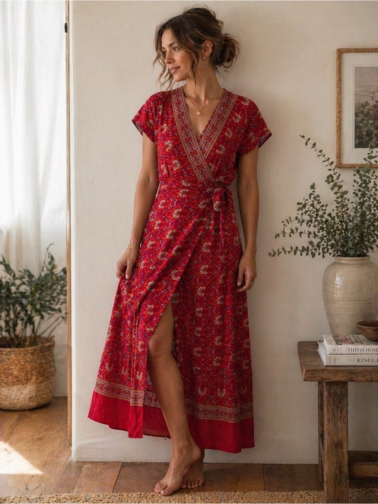 Temofon Dresses & Skirts - Temofon Red Floral Wrap Midi Dress XS Boho Short Sleeve Tie Waist EUC